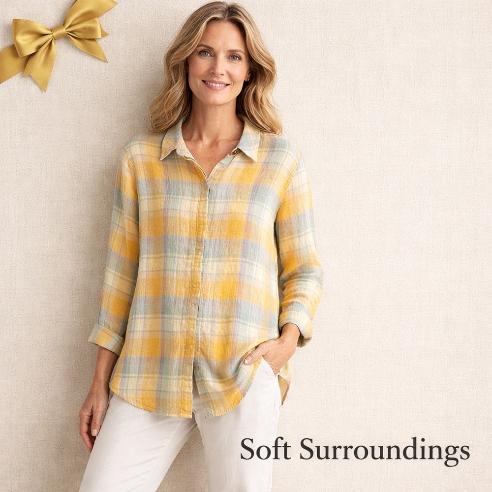Soft Surroundings 100% Linen Pastel Plaid Shirt Size Large